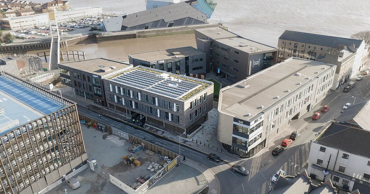 Aerial view of C4DI and the @TheDock tech campus in Hull, showing the main building and surrounding workspace.